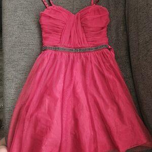 Love Reign Hot Pink Ruched Tulle Mini Dress with Rhinestone Belt